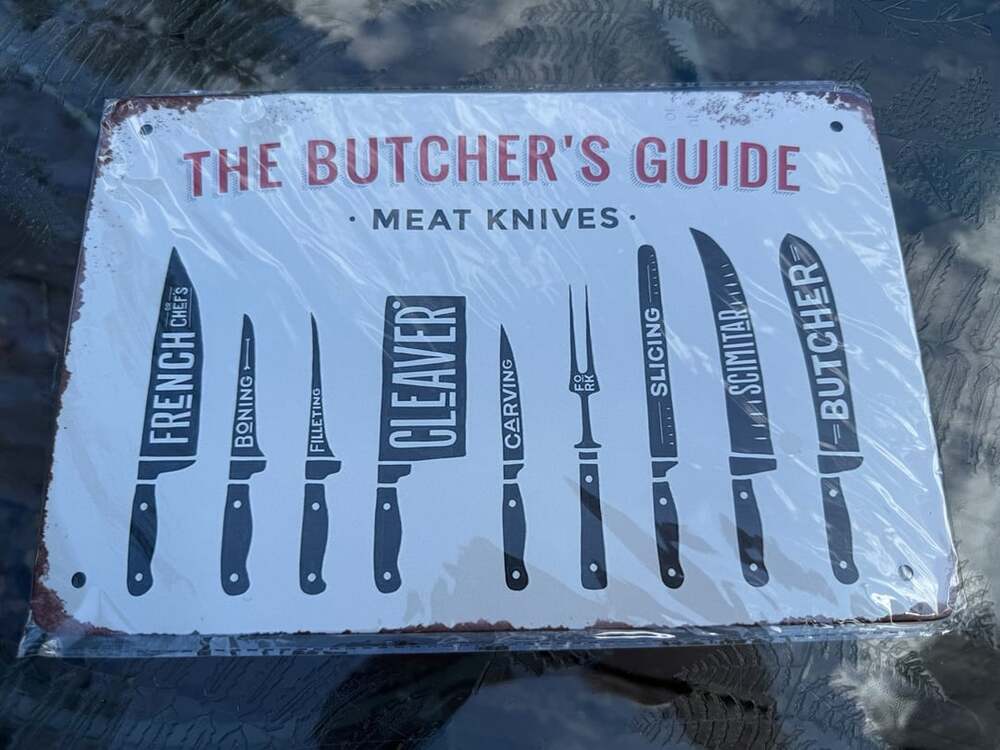 The Butcher's Guide Meat Knives Metal Vintage Tin Sign 12" x 8"
